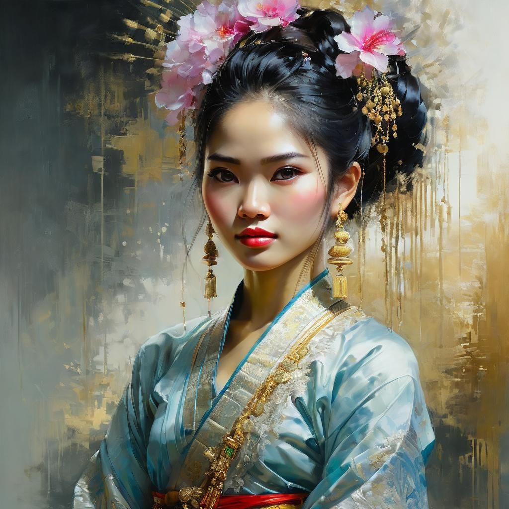 Beautiful Thai Woman Portrait in Pastel Art Style