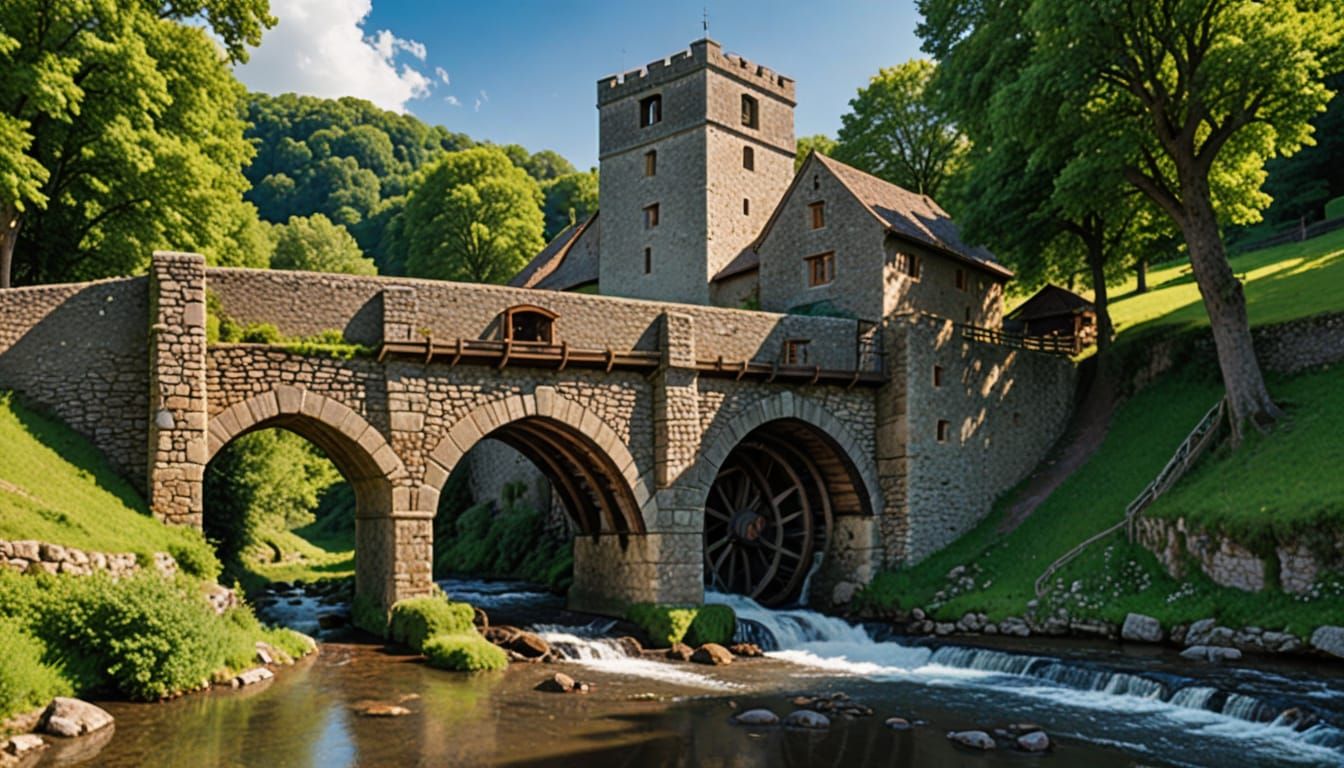 Medieval Stone Bridge with Waterwheel in Woody Countryside