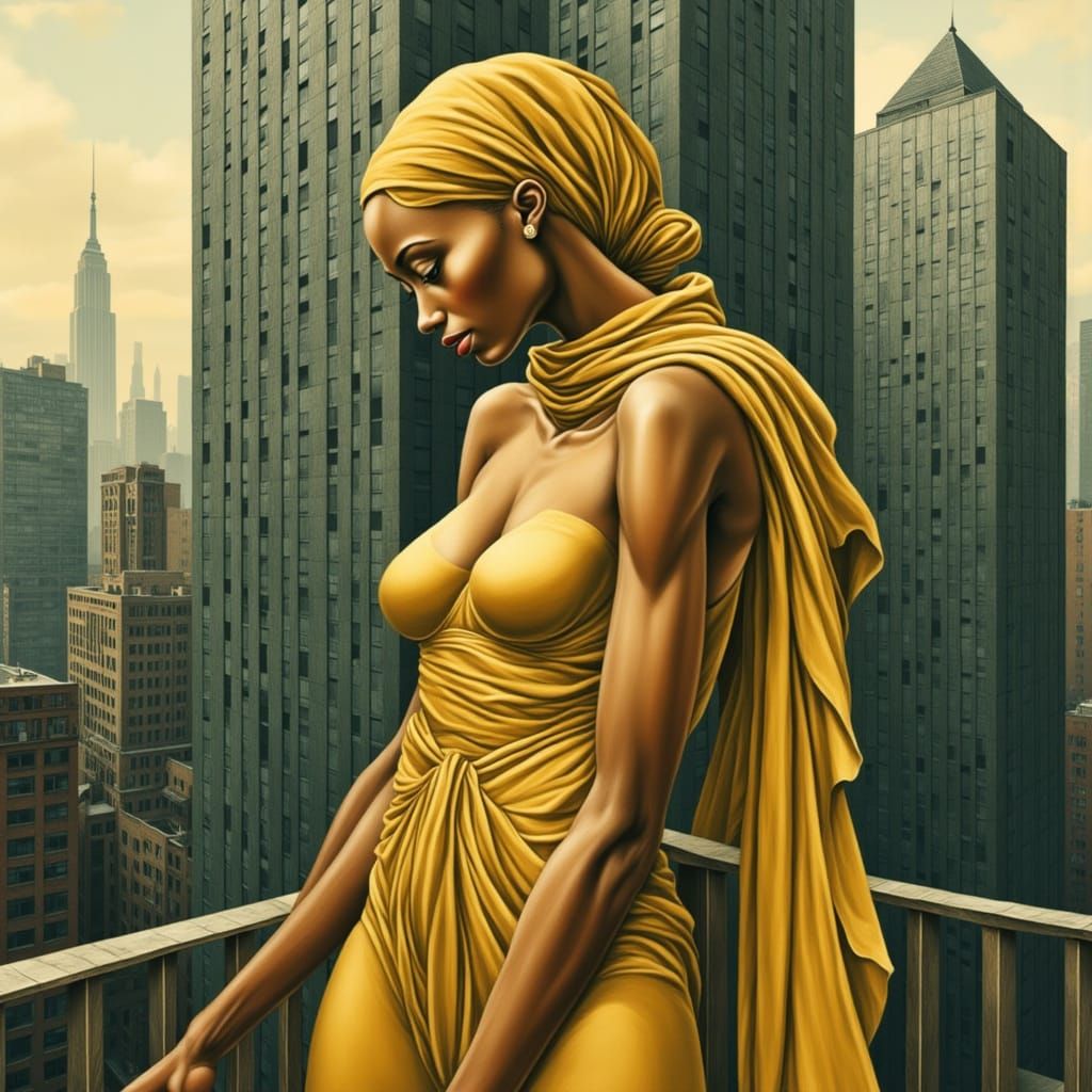 Stunning Futuristic Portrait of a Golden Woman in Cityscape
