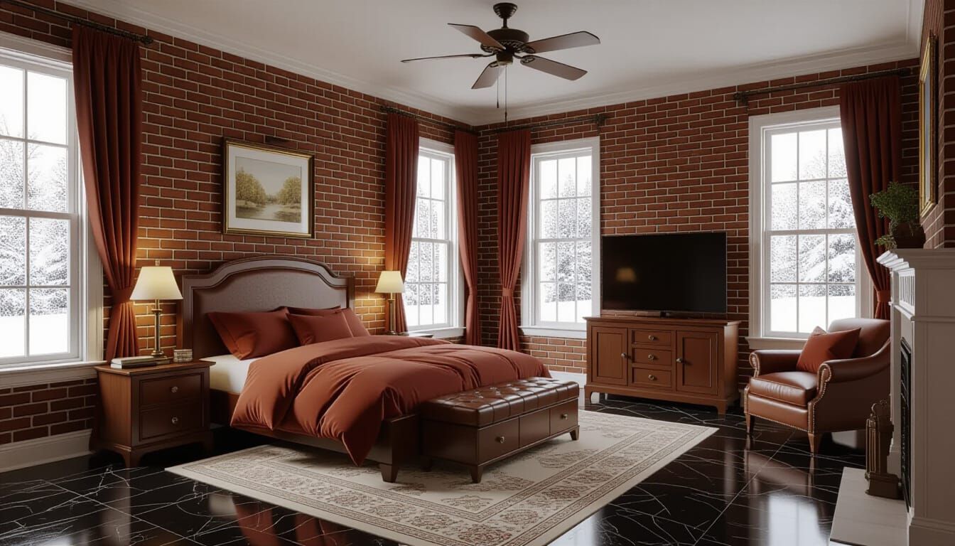 Victorian Bedroom with Snowy View, Photorealistic Style