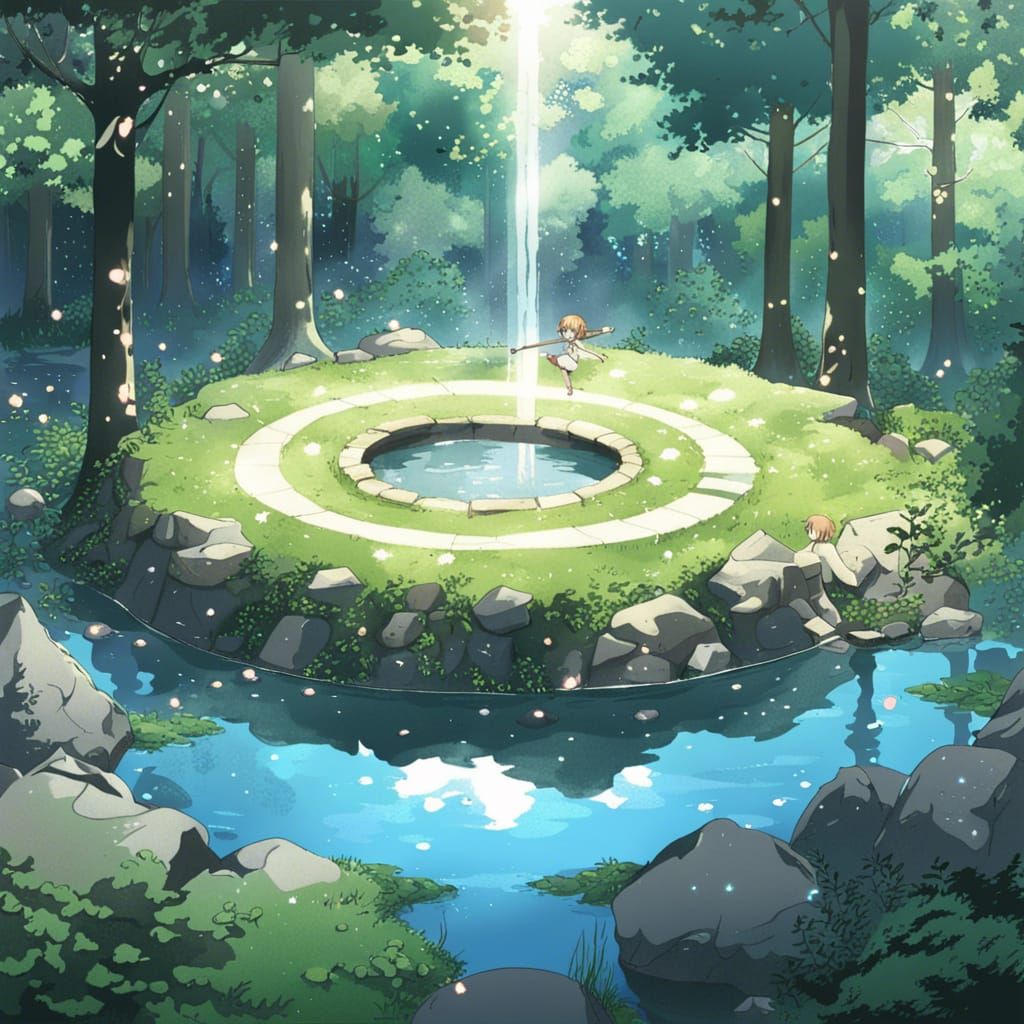Enchanted Fairy Circle by Sparkling Pond in Anime Style