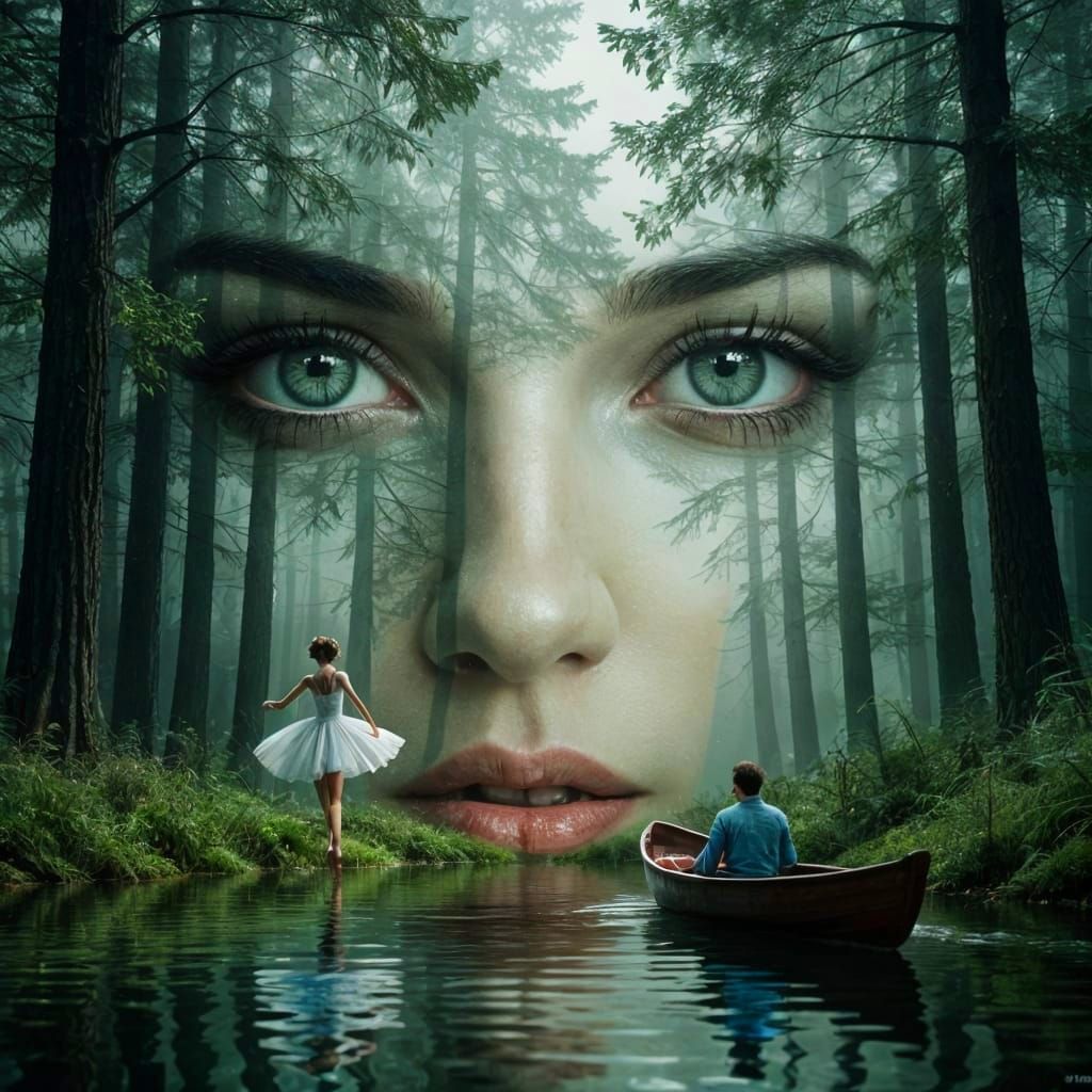 Surreal Forest Double Exposure with Ballerina and Boat