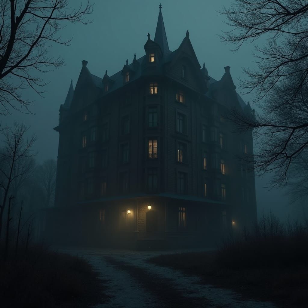 Abandoned Victorian Hotel at Night in Realistic Style