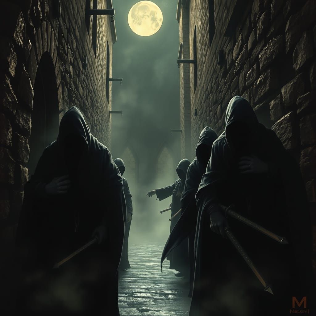 Mysterious Assassins in Shadowy Gothic Alleyway
