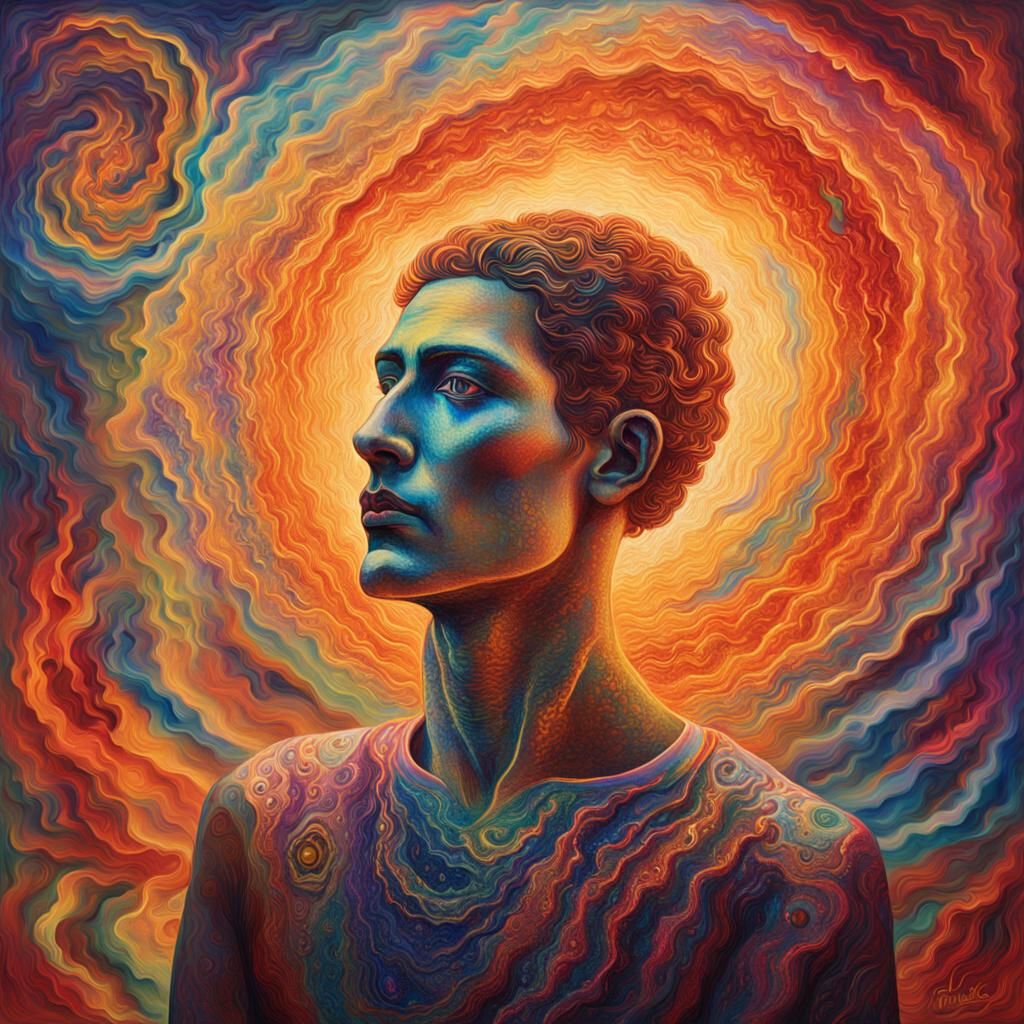 Surreal Figure Hypnotized by Iridescent Blaze