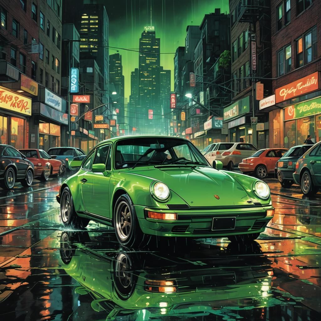 Porsche 911 Drifting in Neon City: Comic Book Art