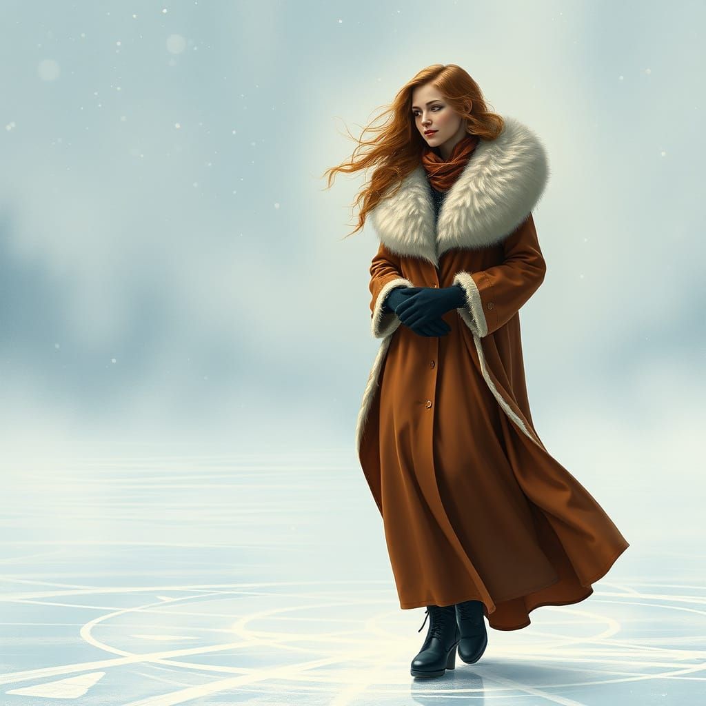 Woman on Ice Rink in Art Nouveau Style
