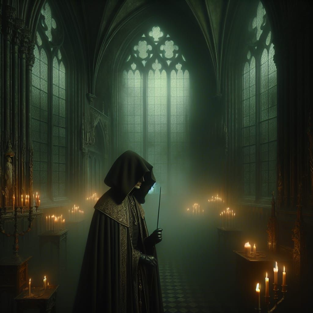 Eerie Cathedral Scene in Classical Oil Painting Style