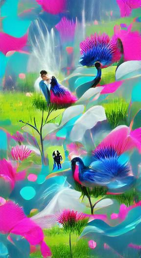 Peacock Couple Romance in Colorful Flower Field