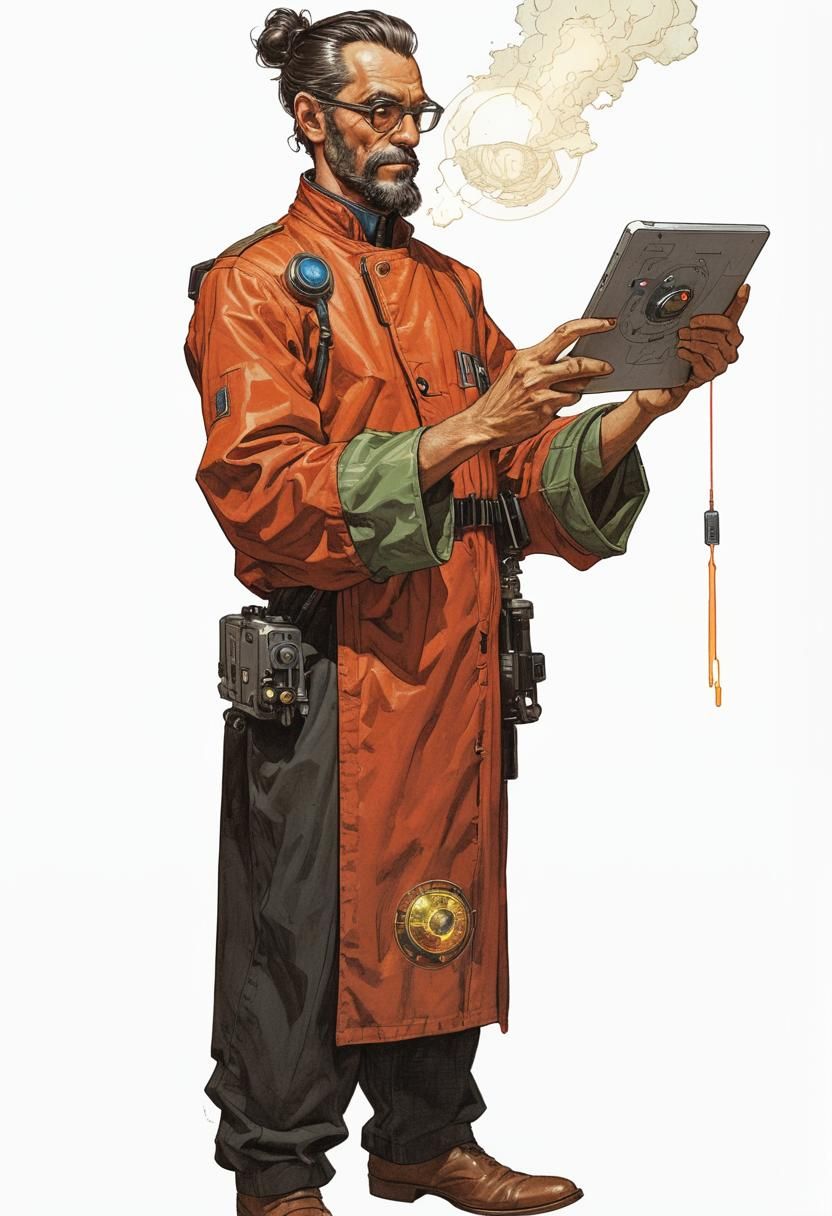 Sci-Fi Scientist Reads Tablet: Fantasy Illustration