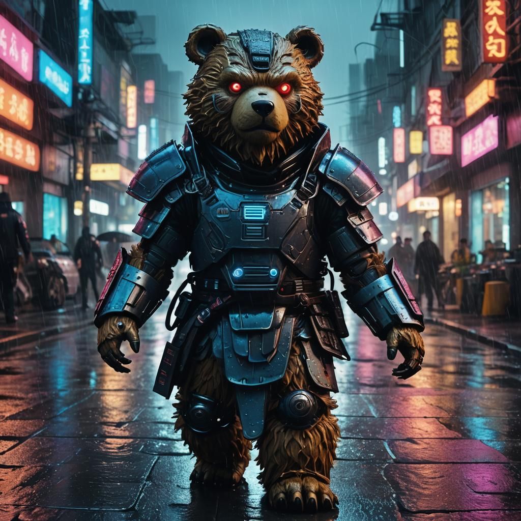 cyberpunk teddybear samurai with glowing eyes