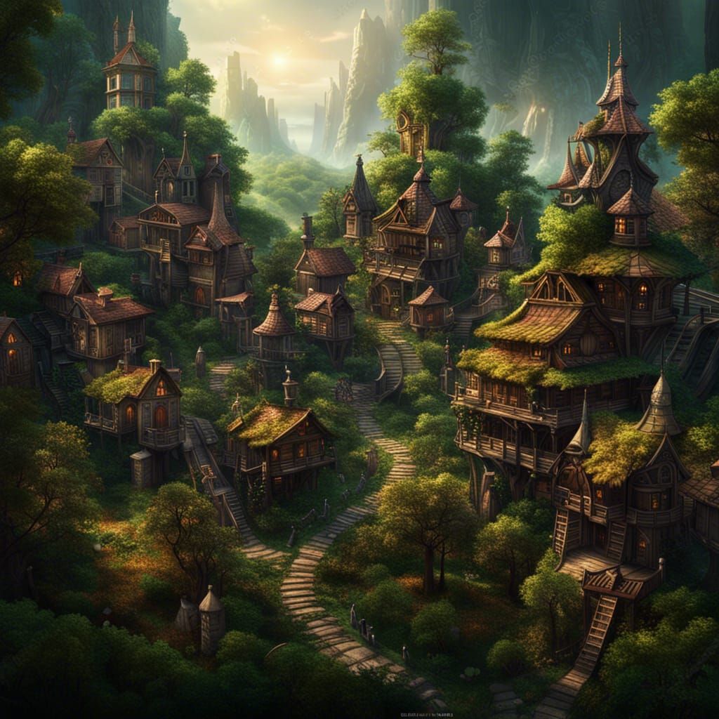 Rustic Elf Village in Forest: Fantasy Concept Art