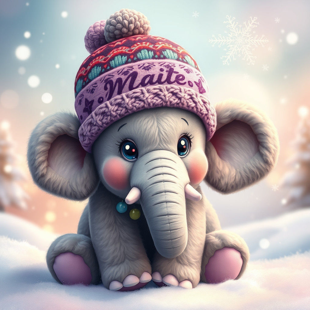 Plush Elephant in Winter Wonderland with Knitted Hat