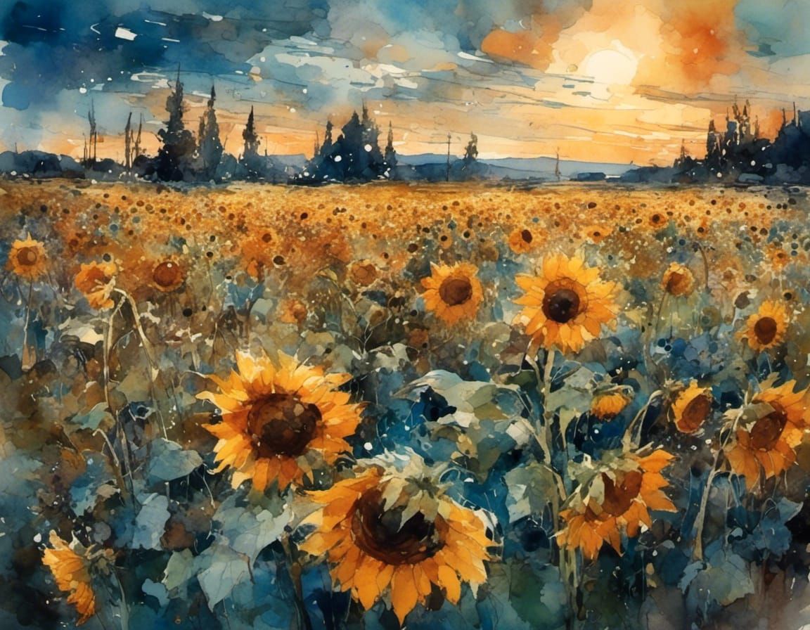 Sunflowers Under Starry Night Sky, Watercolor Style