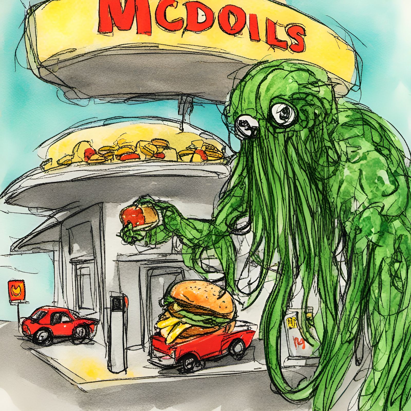 Cthulhu Orders Cheeseburger: Watercolor Scribble Art