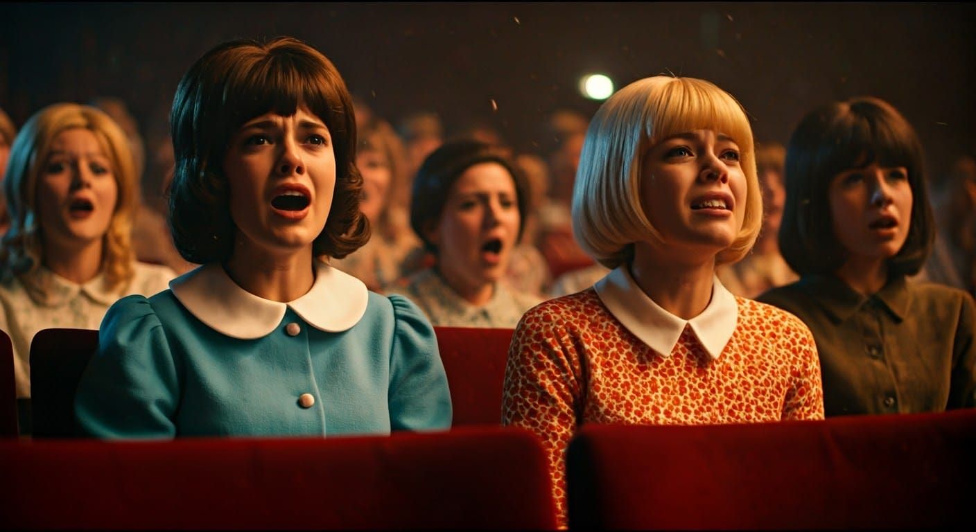 Screaming Teenage Fans in Smoky Cinema, 1960s Style, in Mood...