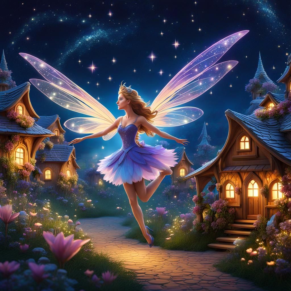 Ethereal Fairy Soaring Above Sparkling Village, Hyperreal