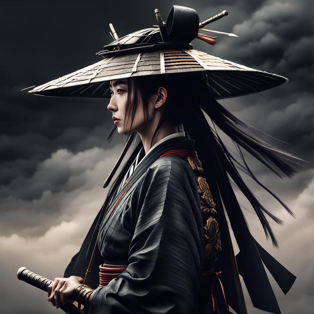 Young Samurai Woman in Traditional Hat Portrait