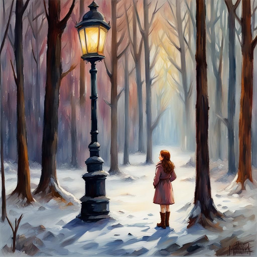 Lucy Pevensie's Snowy Narnia Encounter: Gouache Style