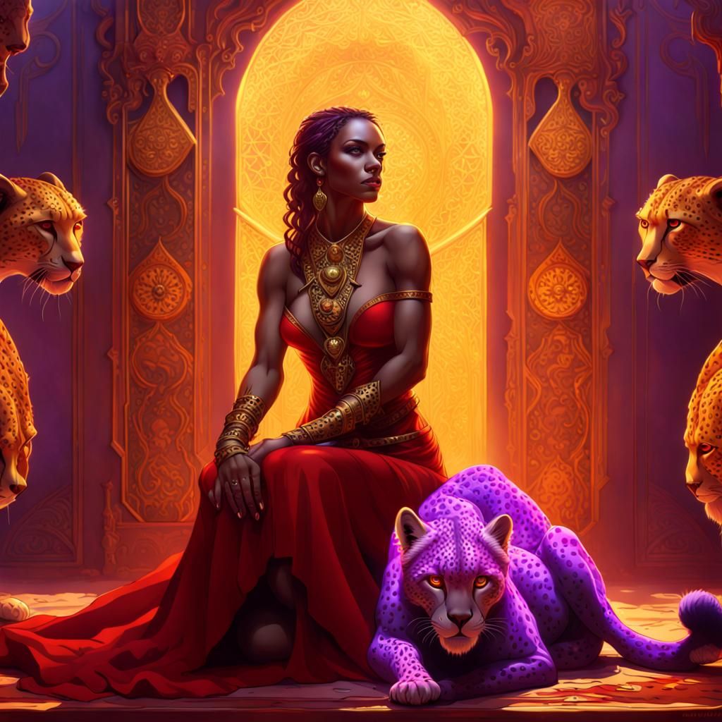 Jeweled Cheetah Women Guarding a Masterpiece