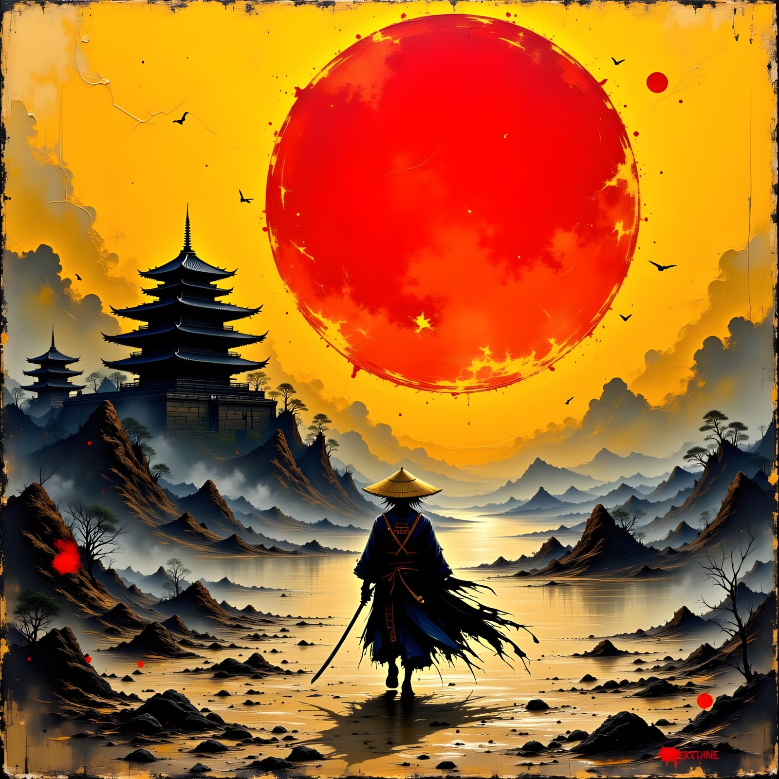 Samurai on Scarred Battlefield as Impasto Painting