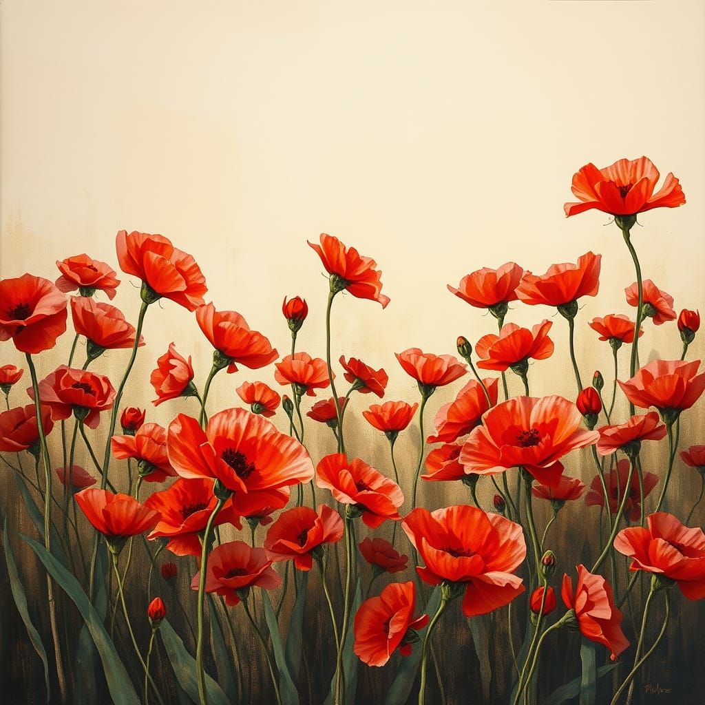 Vibrant Red Flowers in a Beige Impressionist Masterpiece