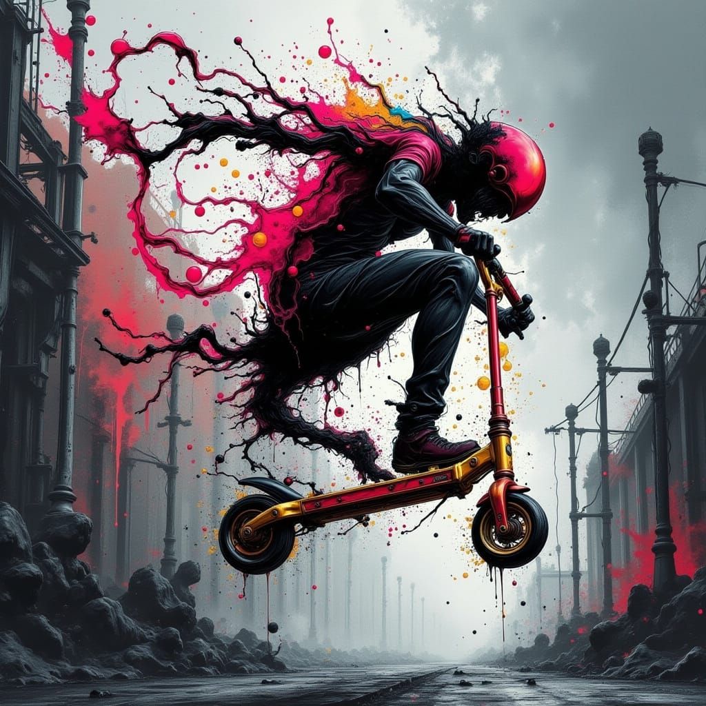 Stunt Scooter Mid-Air Jump in Urban Street Art Style