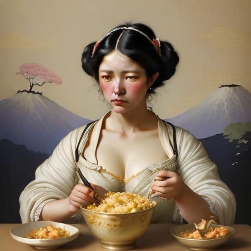 Upset Eurasian Woman with Macaroni and Cheese