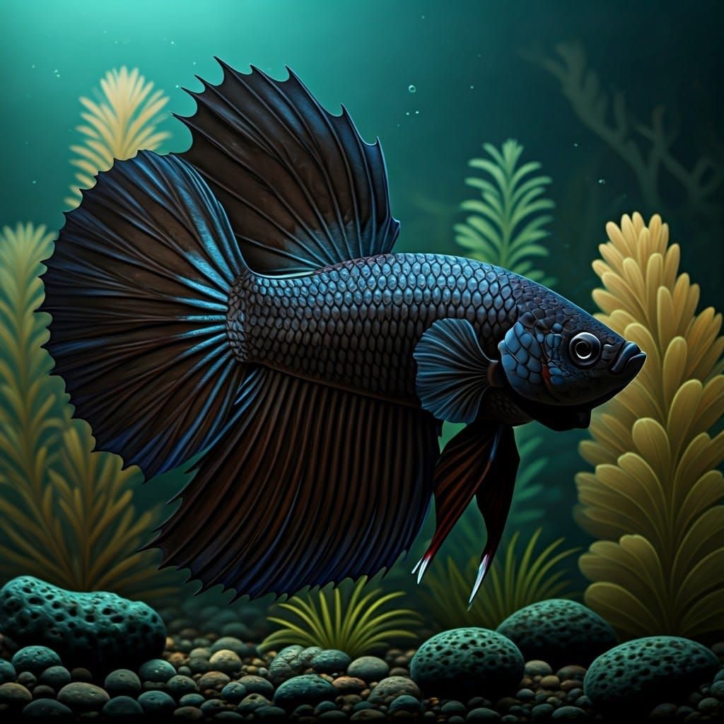 Realistic Underwater Painting of a Black Metallic Betta Fish