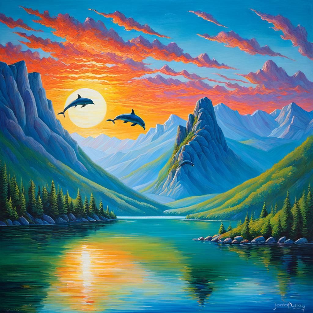 Dolphins Leaping at Sunrise: Oil Painting