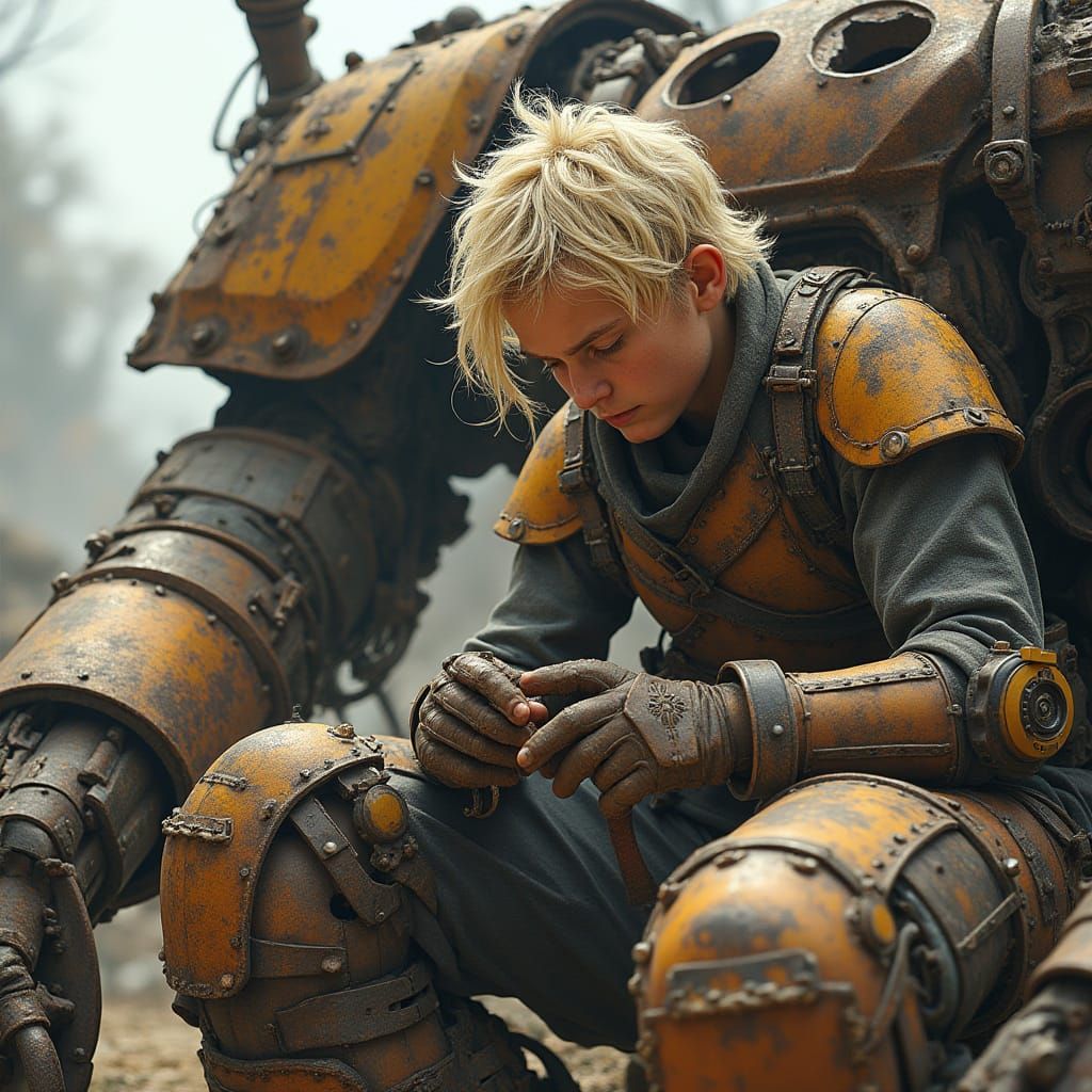 Teen Artificer Repairs Steampunk Battle Mech