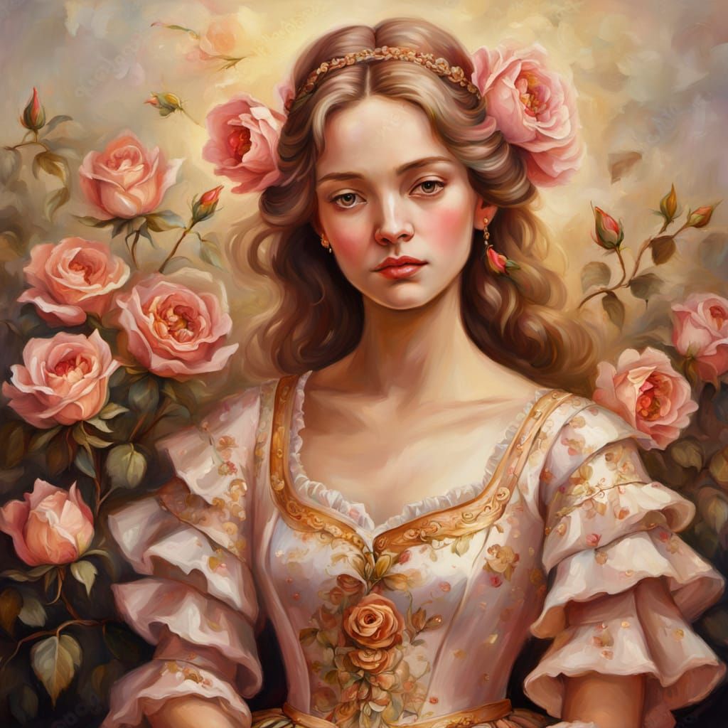 Rose Dress Lady in Renaissance Portrait Style