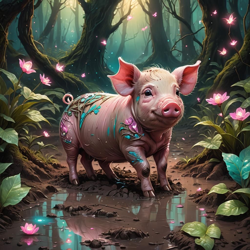 Cute Piglet Playing in Mud: Whimsical Fantasy Art