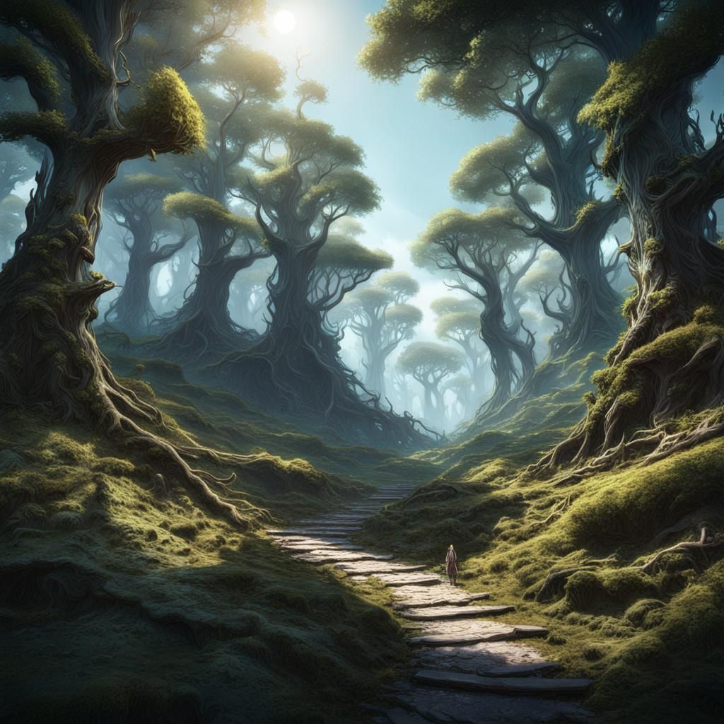 Sunlit Moon Elf Forest: Detailed Matte Painting