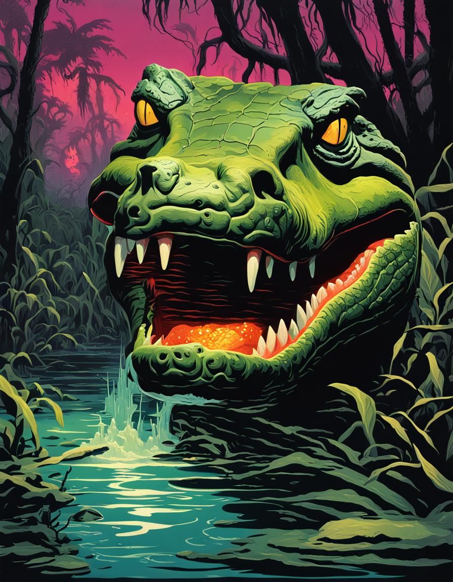 Eerie Crocodile in a Neon Mangrove Swamp