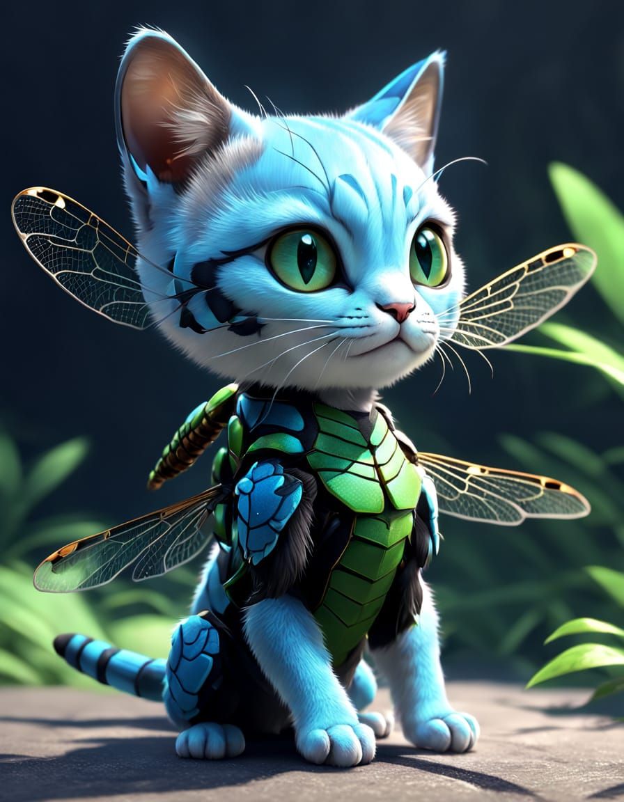 Kawaii Dragonfly Kitten in Vibrant Anime Style