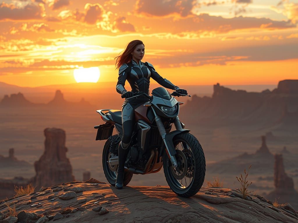 Epic Fantasy Warrior Rides Futuristic Motorcycle at Sunset i...