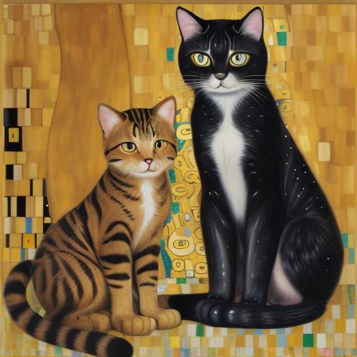 Cats in Klimt Style Oil Painting