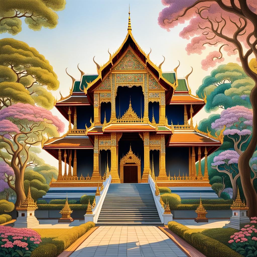 Ornate Thai Temple Facade in Klimt Style