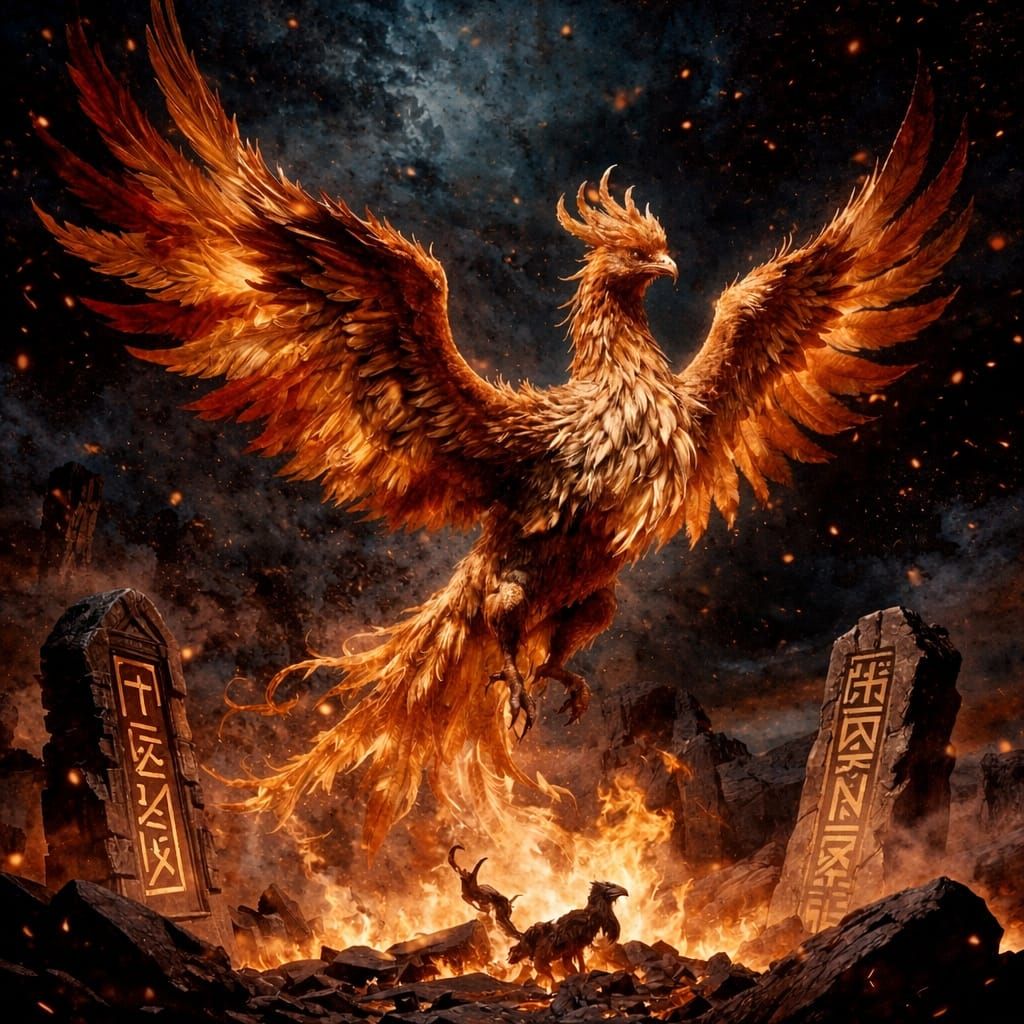 Majestic Phoenix Rises from Ashes in Fiery Fantasy Art