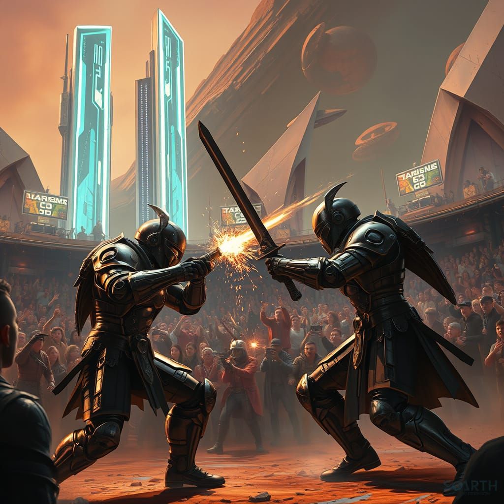 Futuristic Gladiators Clash in Martian Arena: Digital Art