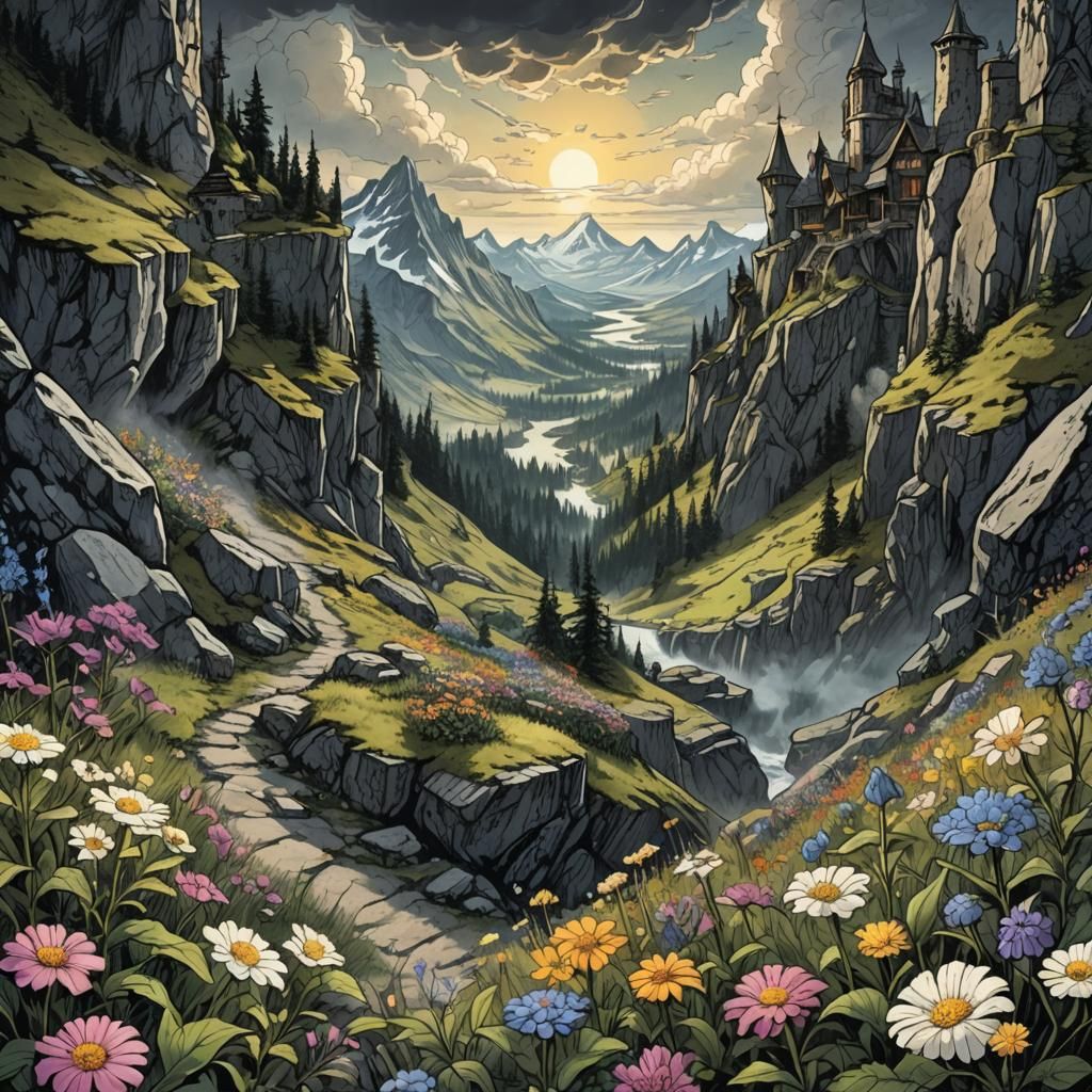 Mountain Flowers Downhill View in Retro D&D Style