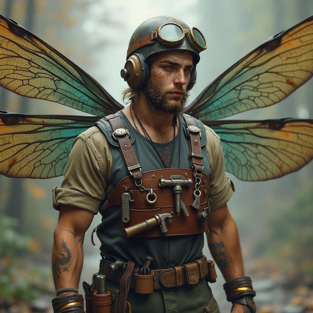 A Photorealistic Male Fairy in Muddy Tanker Gear