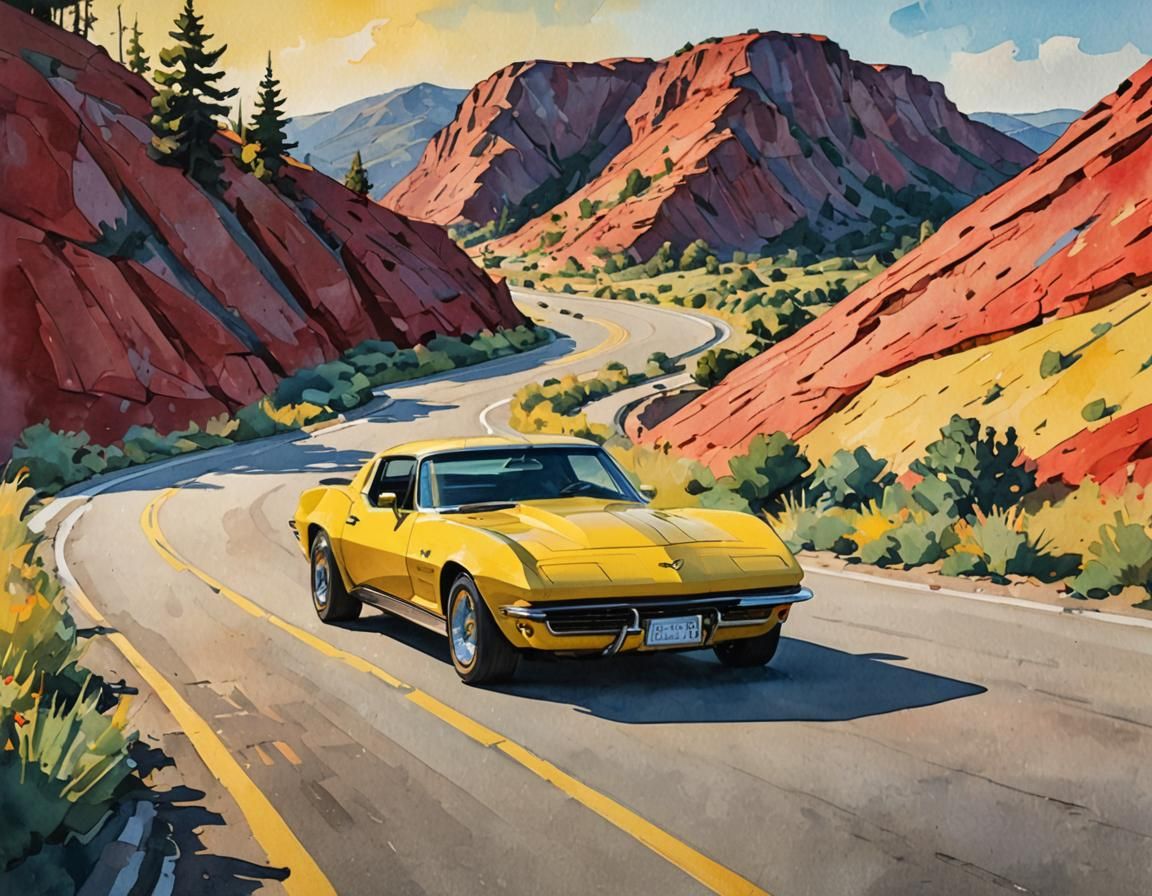 Cars in Gouache Style Impressionist Landscape