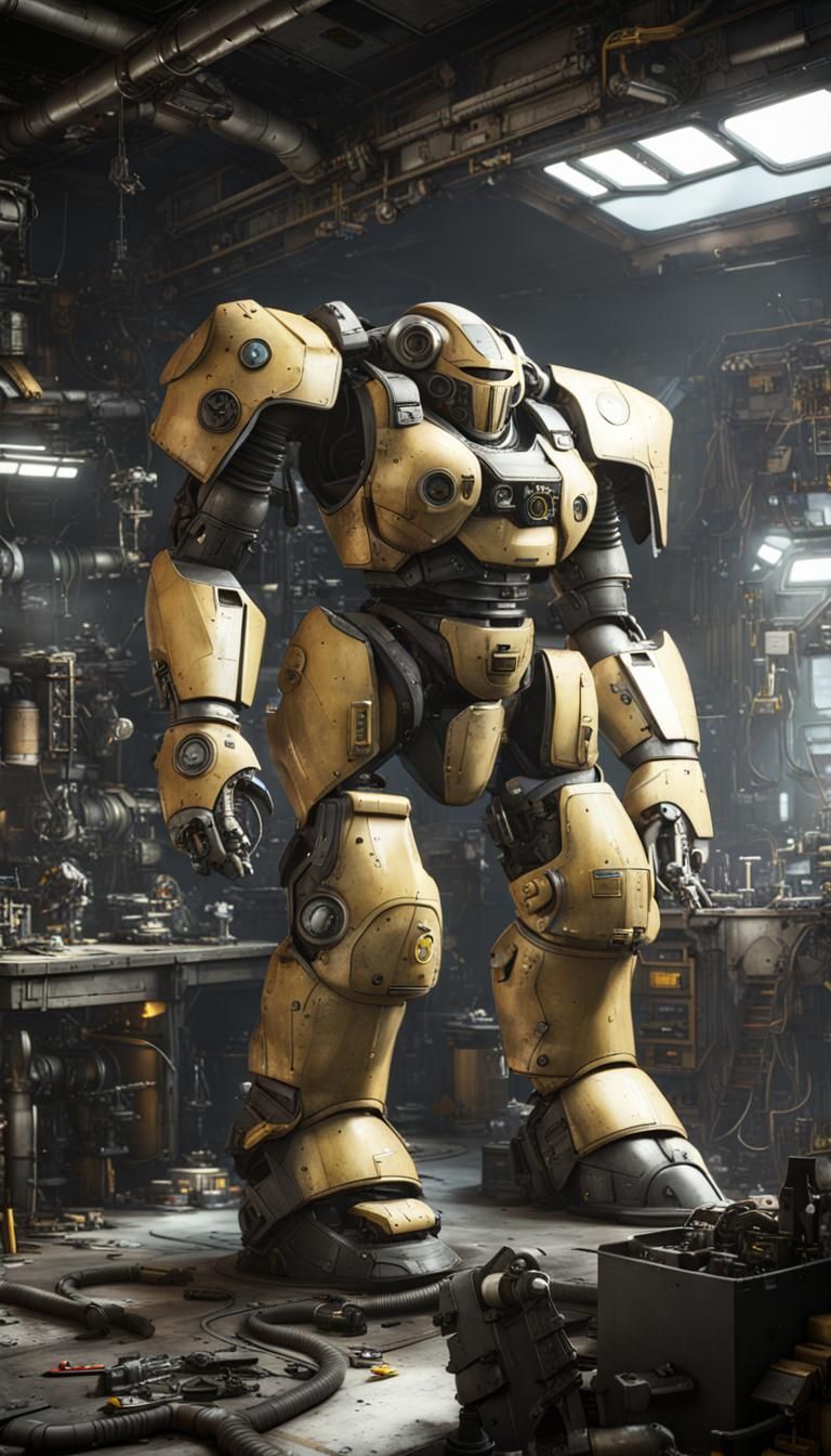 Power Armor Repair in Futuristic Sci-Fi Workshop