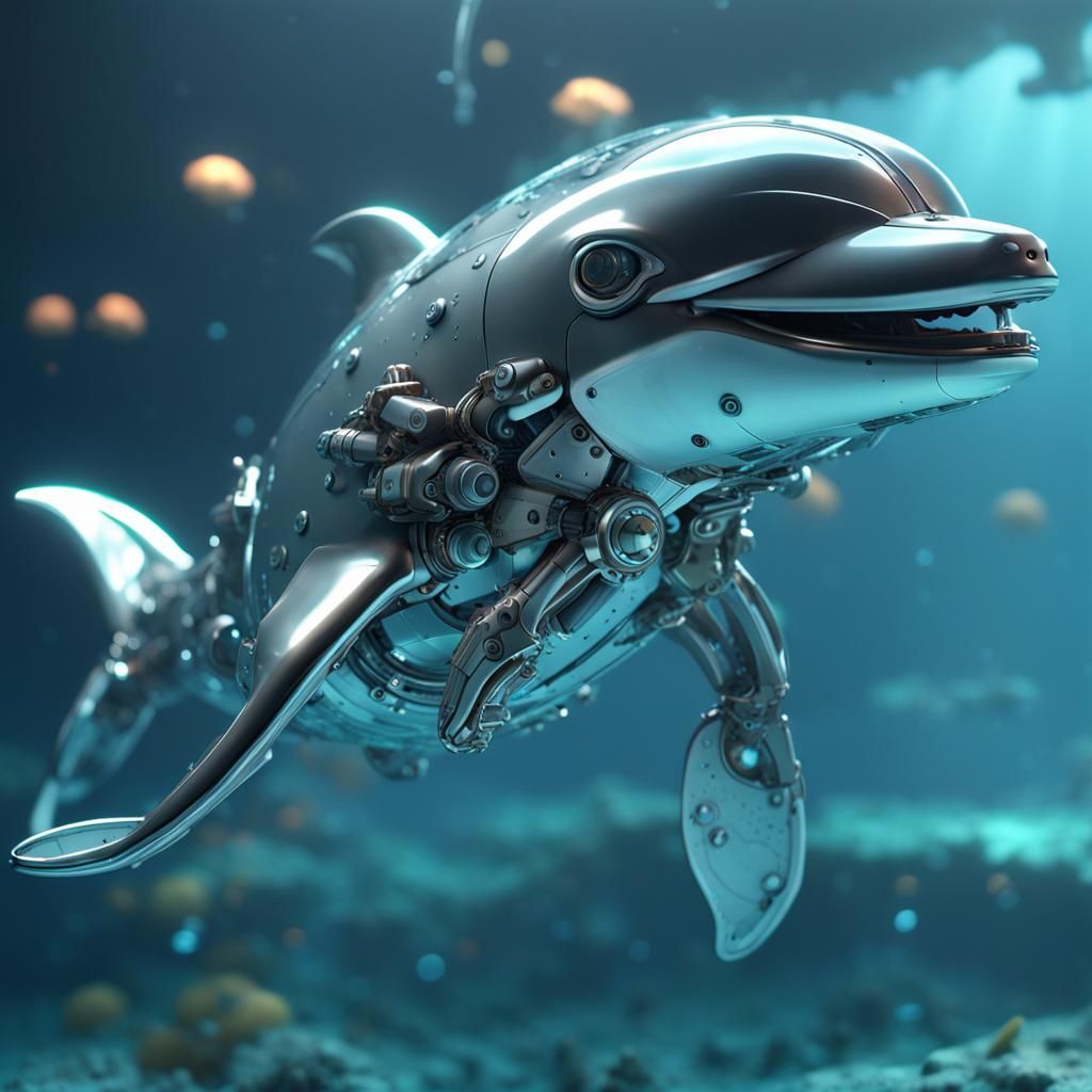 Futuristic Baby Dolphin Underwater in Sci-Fi Style