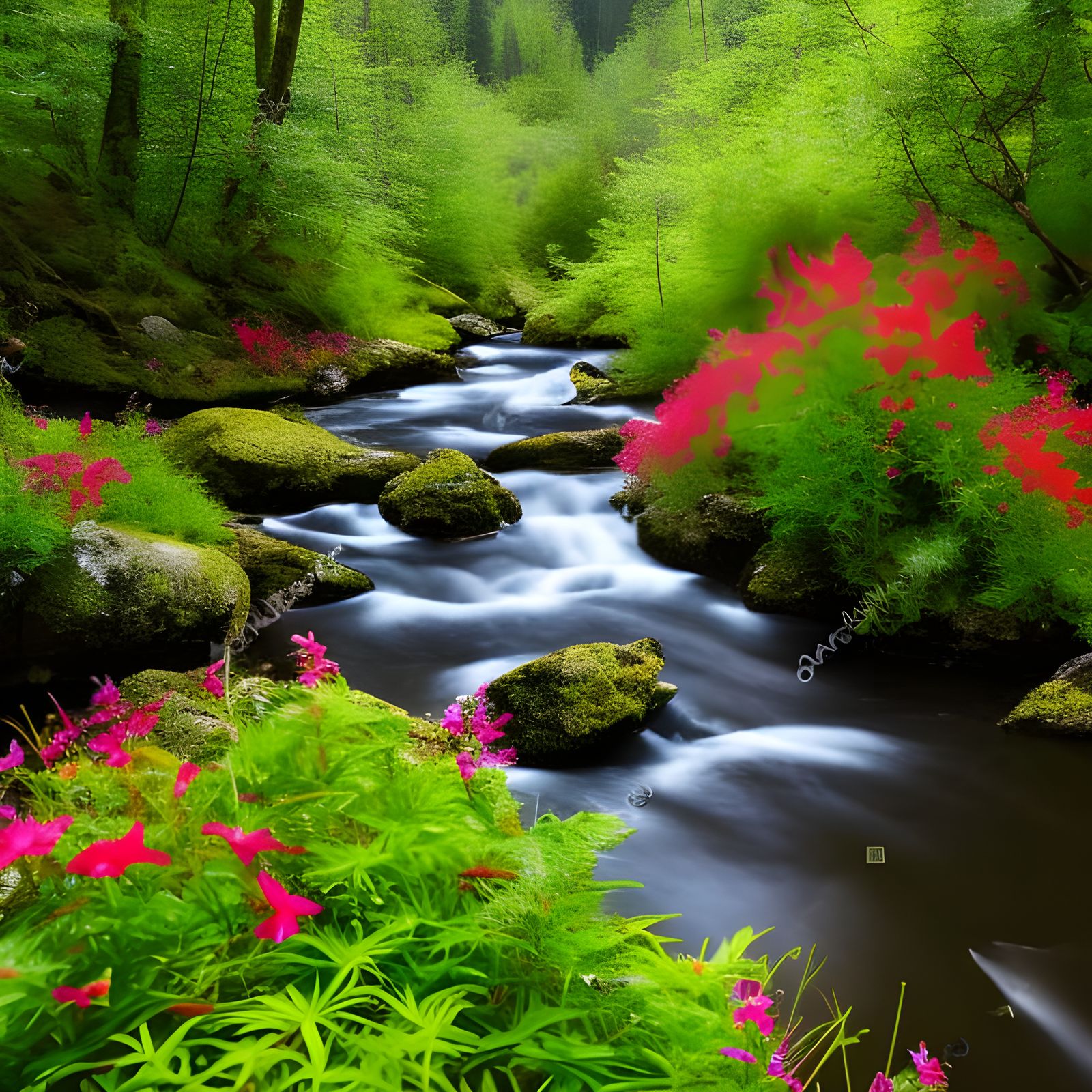 Sunlit Forest Stream with Red Penstemon Flowers