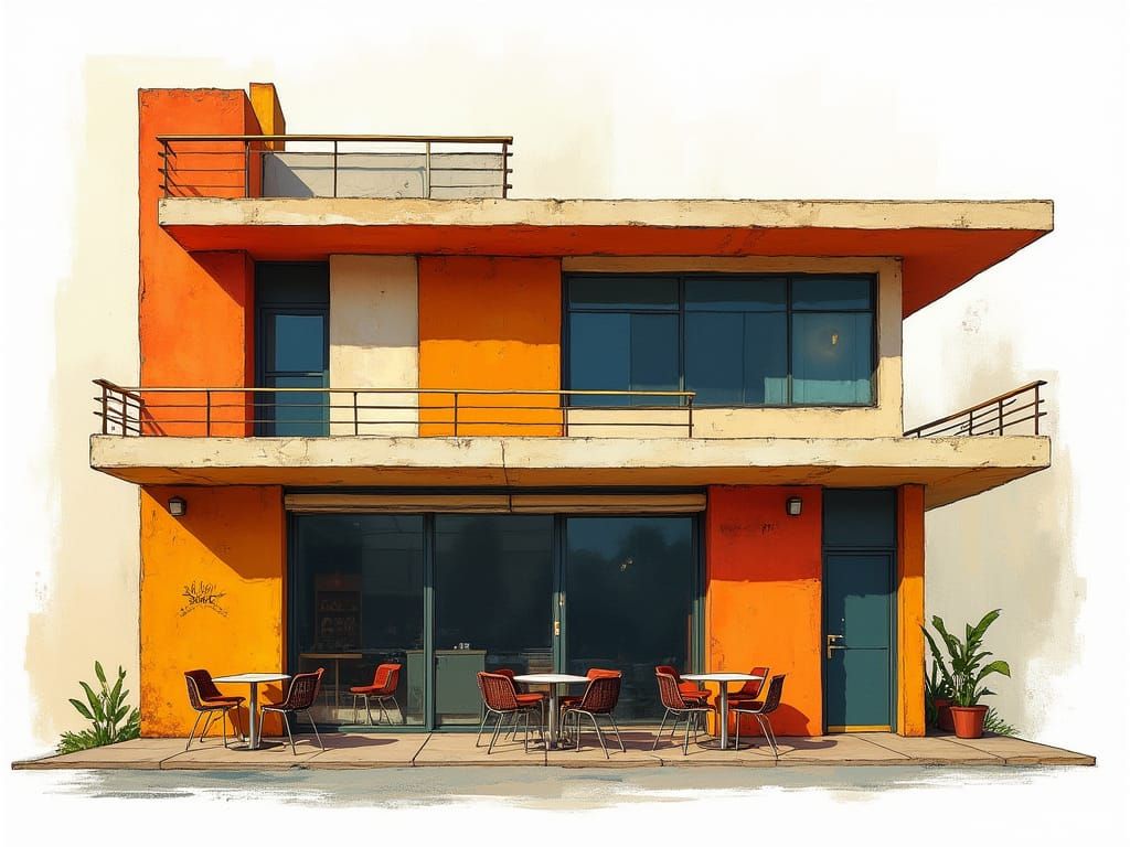 Bauhaus-Inspired Cafe Facade with Colorful Accents