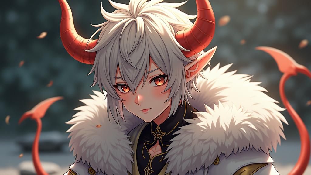 Elegant Devil Creature with Platinum Hair, Anime Style