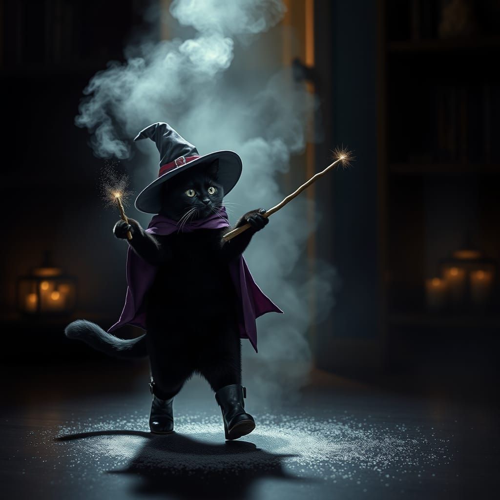Enchanted Feline Sorceress Wields Magic Wand in Mystical Nig...